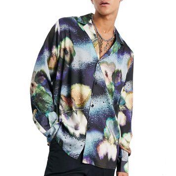 Сорочка Asos Design relaxed deep camp collar satin shirt dark floral print