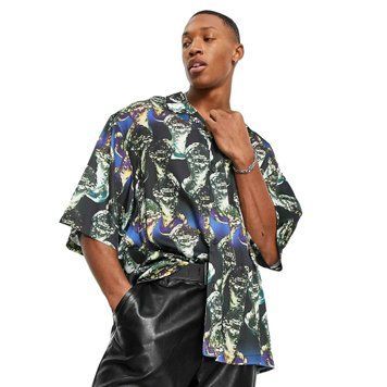 Сорочка Asos Design oversized revere satin shirt statue face print