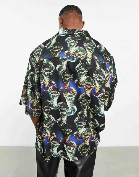 Сорочка Asos Design oversized revere satin shirt statue face print