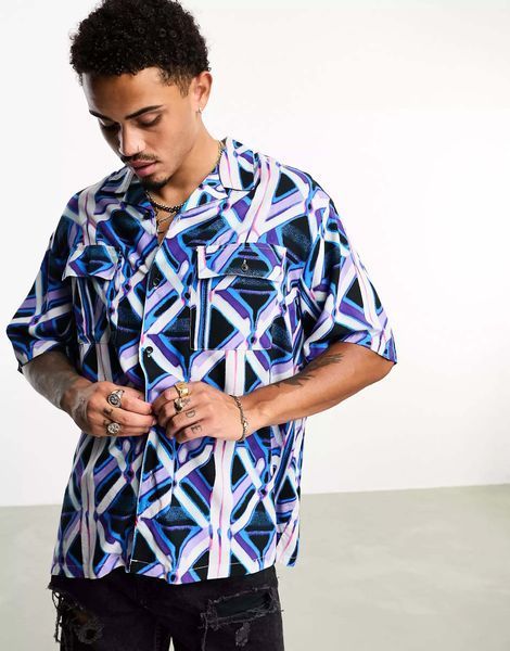 Сорочка Asos Design boxy oversized revere shirt large geo print