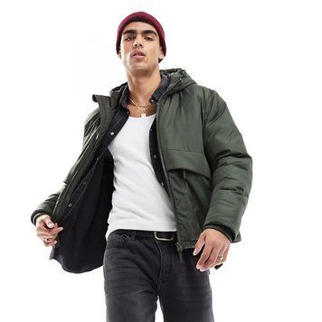 Куртка Asos Design puffer jacket with hood khaki